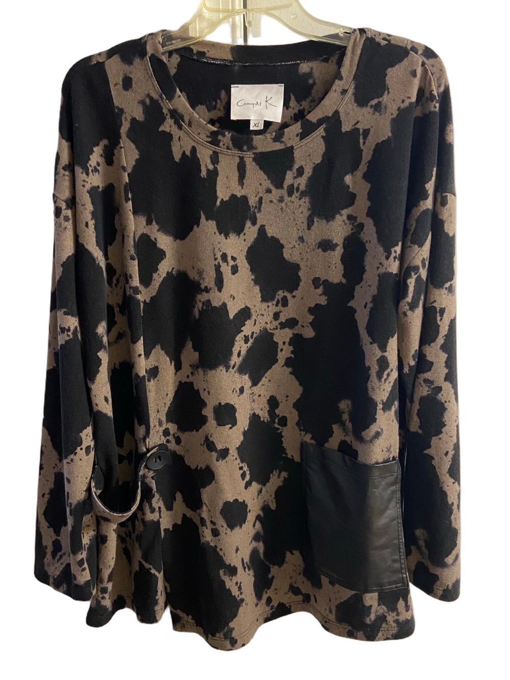 Compli K Tie Animal Print Leather Accent Pocket Knit Tunic Top Sweater XL